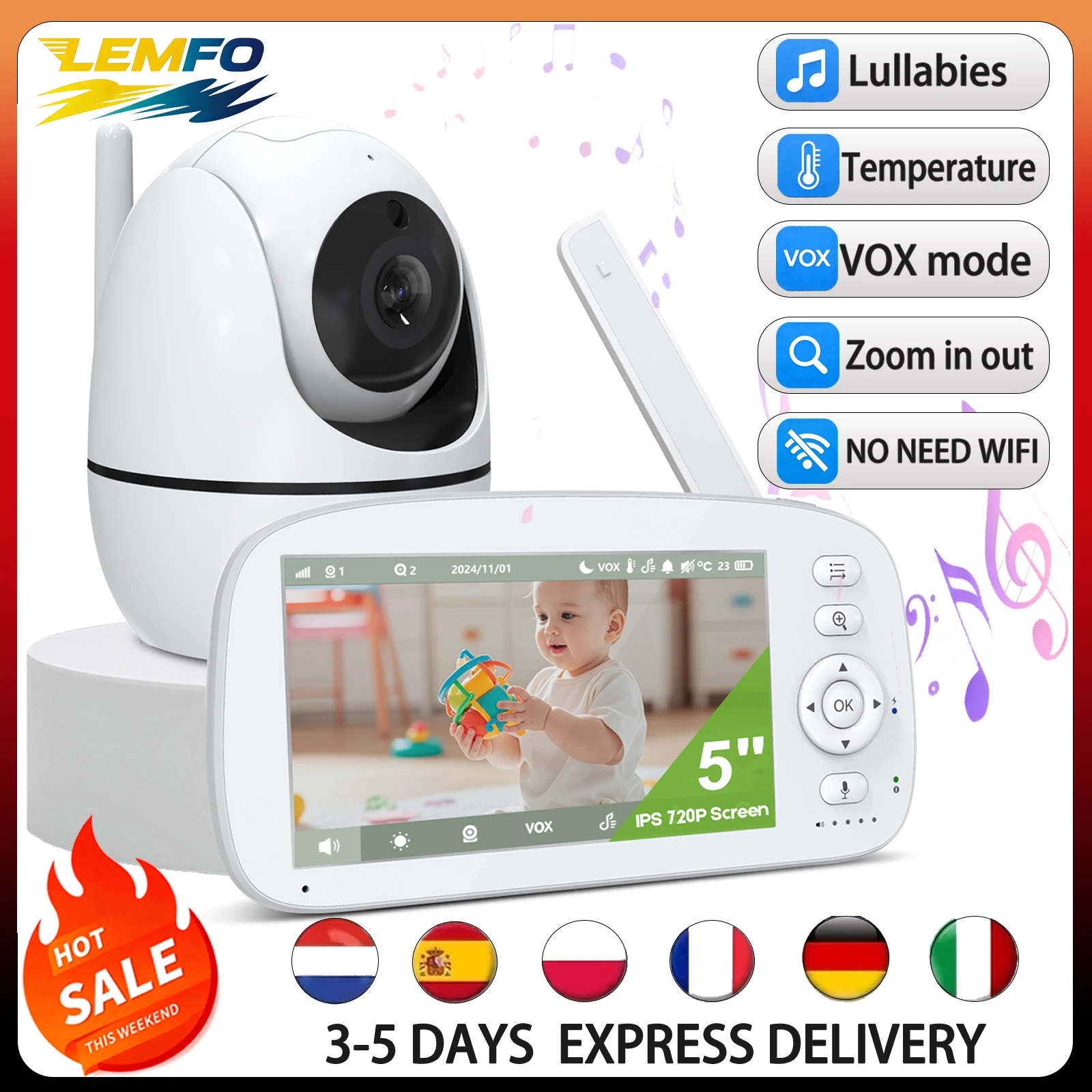 5 Inch Baby Monitor with Camera and Night Vision with 5000mAh Battery,1000ft Range Baby Monitor No Wifi,2-Way Talk, Lullaby