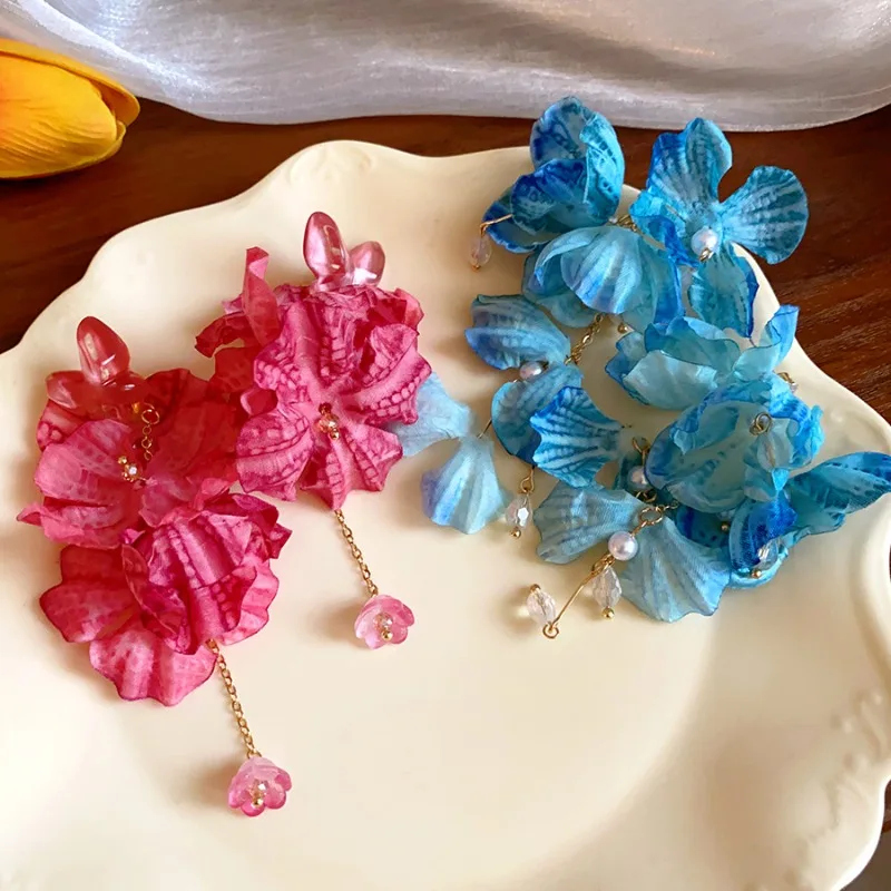 Sweet Shining Zircon Fabric Flower Drop Earrings for Women Commuting Imitation Pearl Earring Vacation Trend Jewelry Travel C1