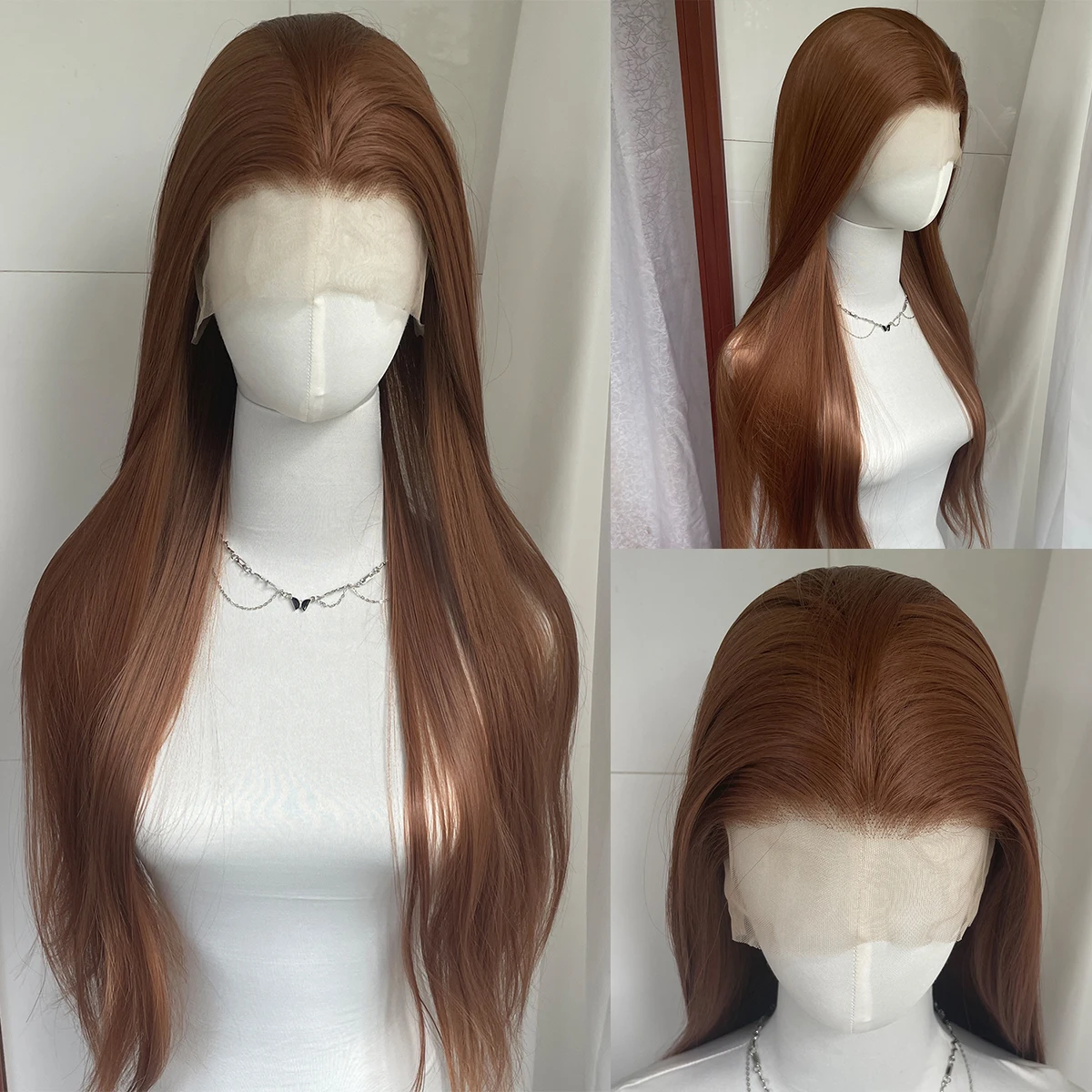 Honey Brown Long Straight 13x4 Synthetic Lace Front Wig for Women 26 Inch Glueless Wig Half Hand Tied 150% Density Medium Cap