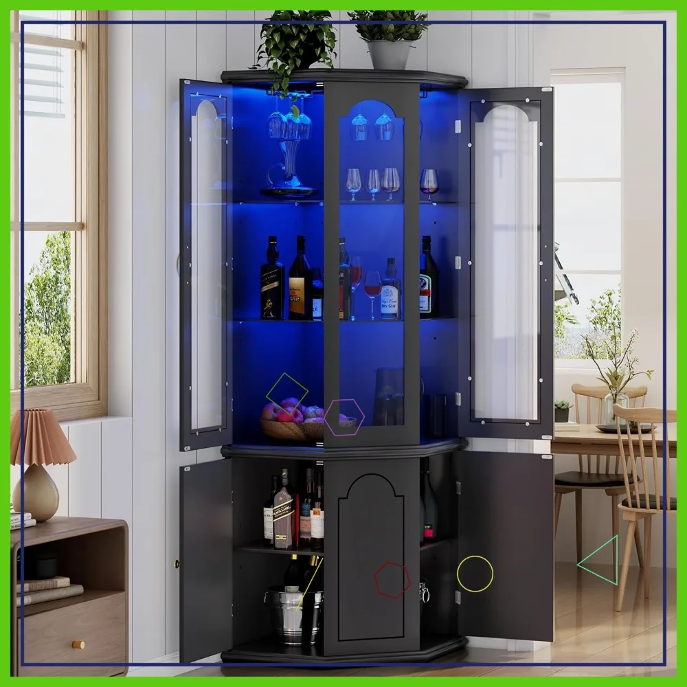 Modern Corner Bar Cabinet with LED Lights, Tempered Glass Door & Adjustable Shelves for Wine Storage in Living Room (Black)