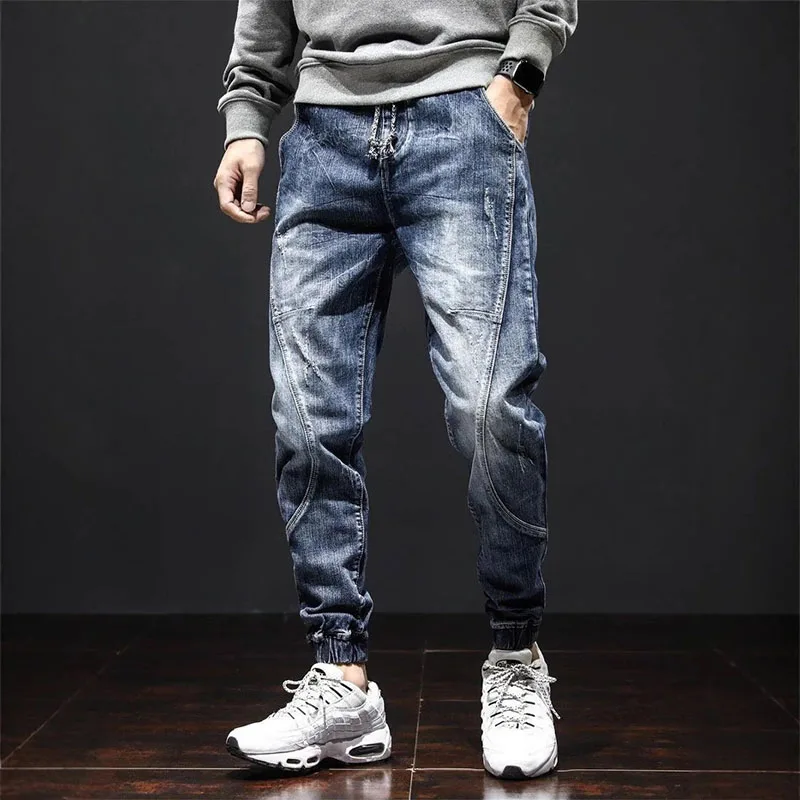 Autumn Jeans Elastic Waistband Mens Baggy Jeans Harun Pants Workwear Retro Men's Skinny Jeans Tapered Jeans