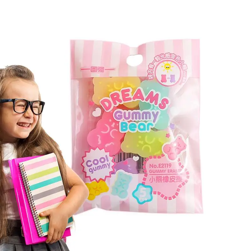 Gummy Bear Erasers 5Pcs Rubber Pencil Eraser Bear Shape Eraser Pets Desk Decoration Interactive Learning For Students Children