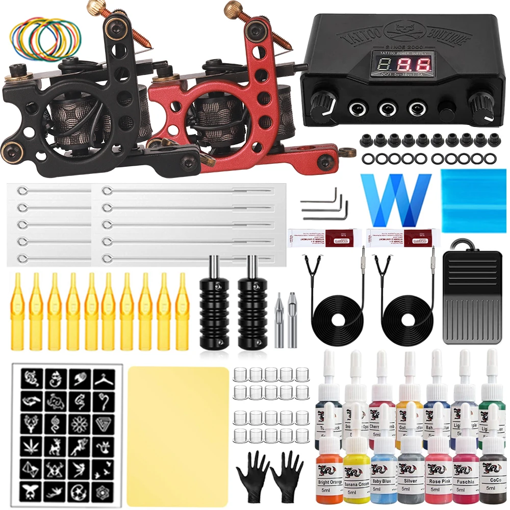 Complete Tattoo Machine Kit Coils Tattoo Machine Gun for Liner Shader with Power Supply Inks Needles Set for Body Tattoo Artist