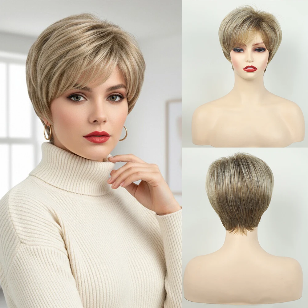 Short Blonde Pixie Cut Synthetic Wigs Realistic Straight Layered Wig with Fluffy Bangs for Women Daily Heat Resistant Hair