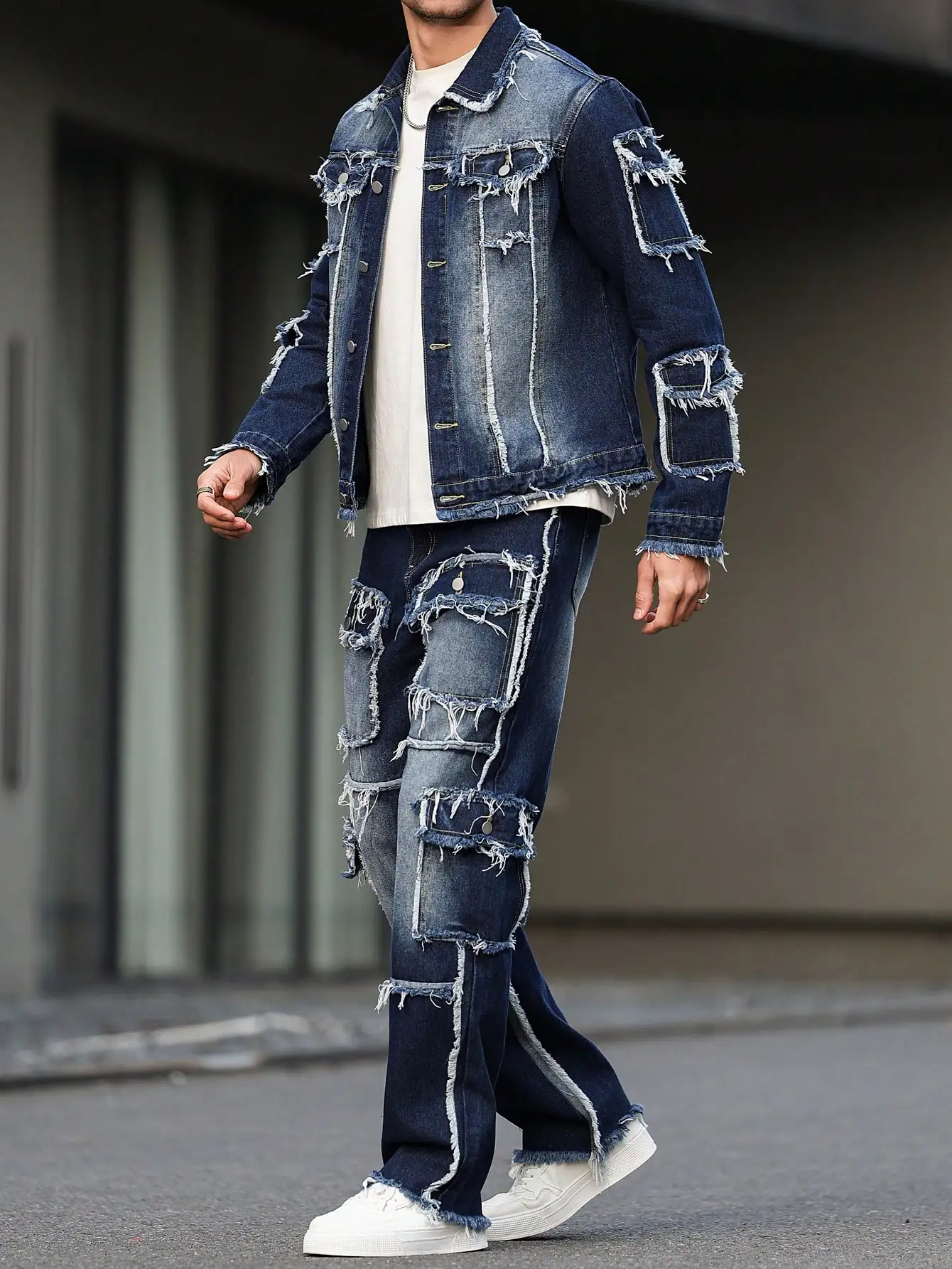 Men's spring and autumn denim suit, multi - pocket design, wide straight - leg pants style