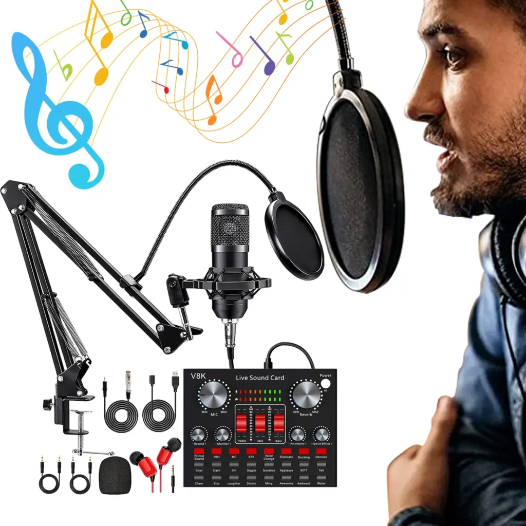 All-in-One Voice Changer Microphone Kit V8K Live Sound Card with BM800 Microphone for Vlog/Live Streaming/Singing/YouTube/Gaming