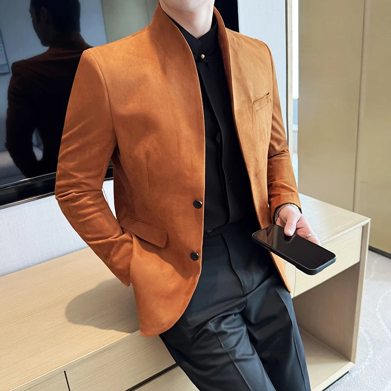 New Blazer Cowhide Velvet Korean Version Business Slim Fit Suit Stand Collar Fashionable Casual Suit Jacket Men Formal Clothing