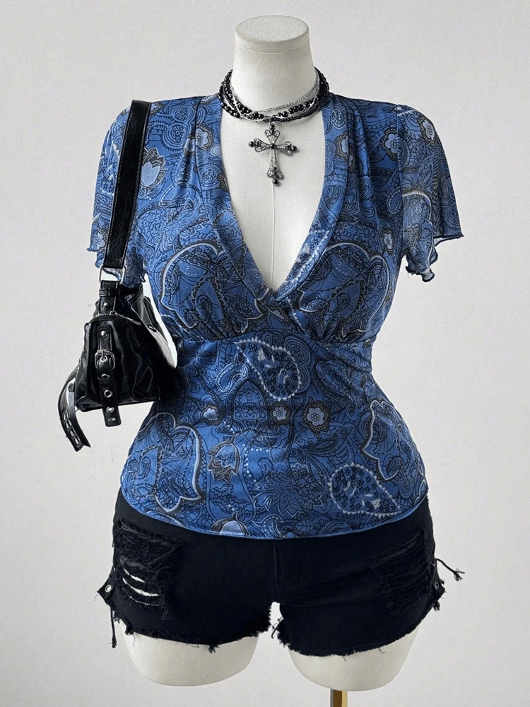 New Plus Size Paisley Print Deep V-Neck Slim Waist Short Flutter Sleeves Top Blue-Black Retro Y2K Clothes Big Size Women T-Shirt