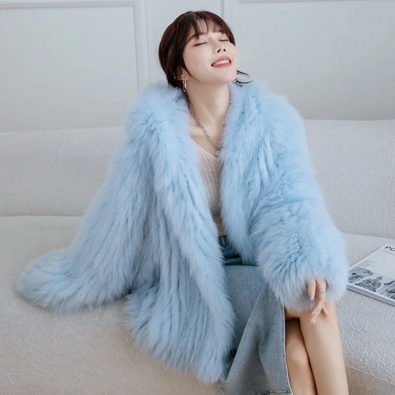 Fox Fur Coat Women's Winter Fashion Warm 100% Fox Fur Coat Hooded Long Sleeved Sweet Women's Luxury Designer Coat