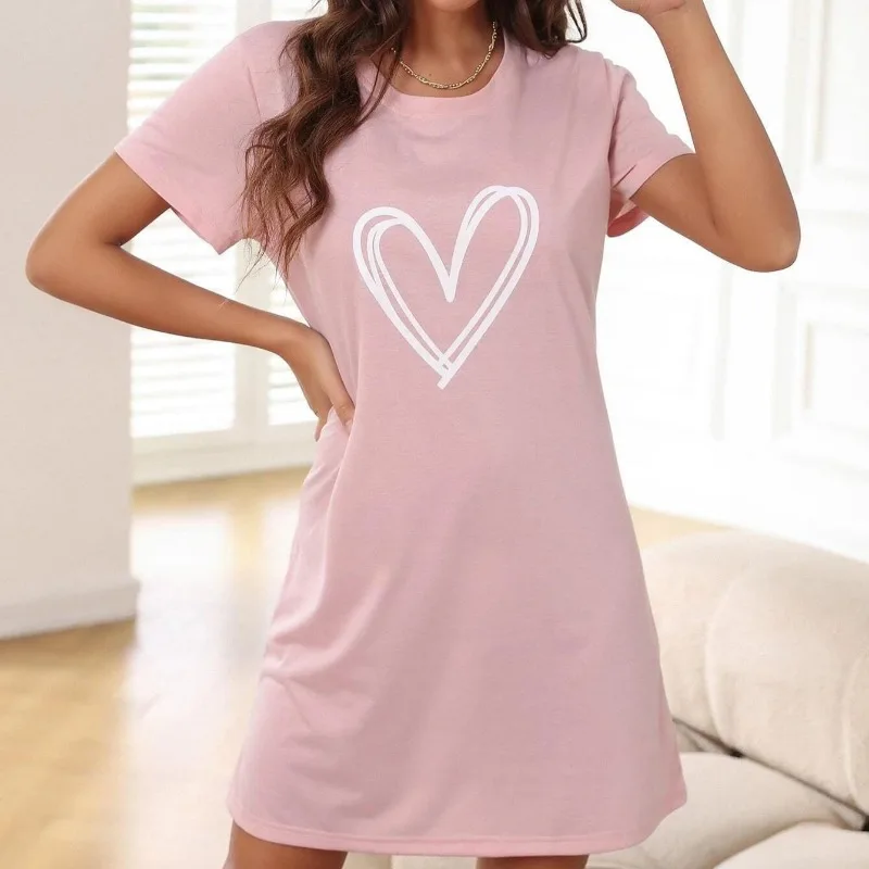 Women's Heart Print Sleepshirts Short Sleeve Round Neck Loose Sleep Dress Casual Elastic Loungewear Nightgowns