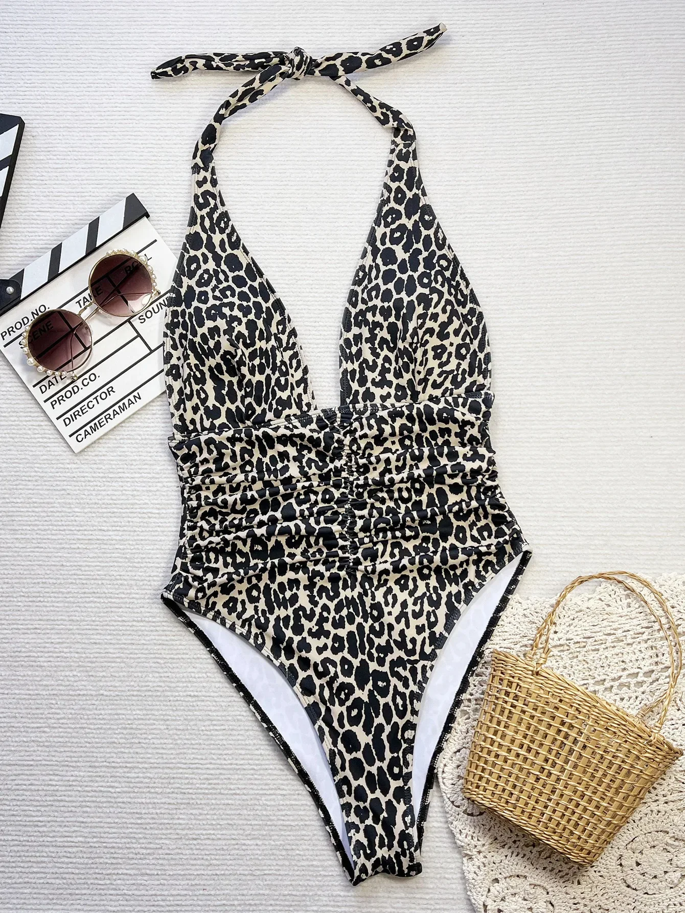 New Black Leopard Print One Piece Swimsuit Women Deep V Neck Slim Backless Bathing Suit Tummy Control Swimwear Monokini 2025