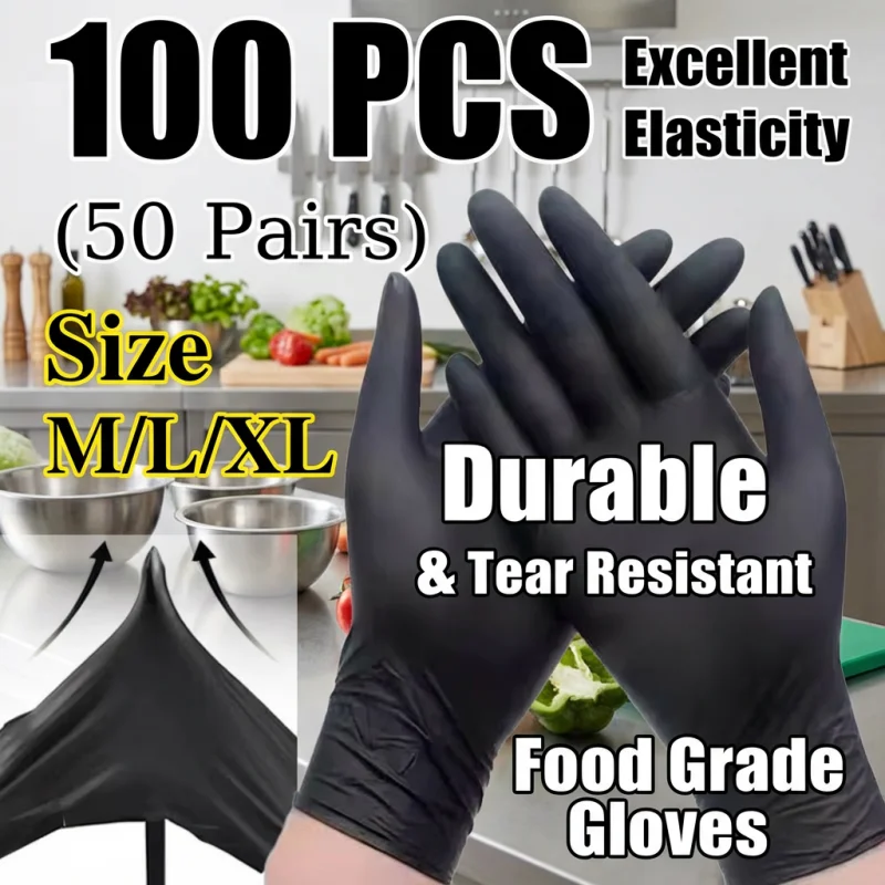 100PCS Black Synthetic Nitrile Disposable Gloves Heavy Duty Thickened Elastic Household Cleaning Safety Gloves for Home Cooking