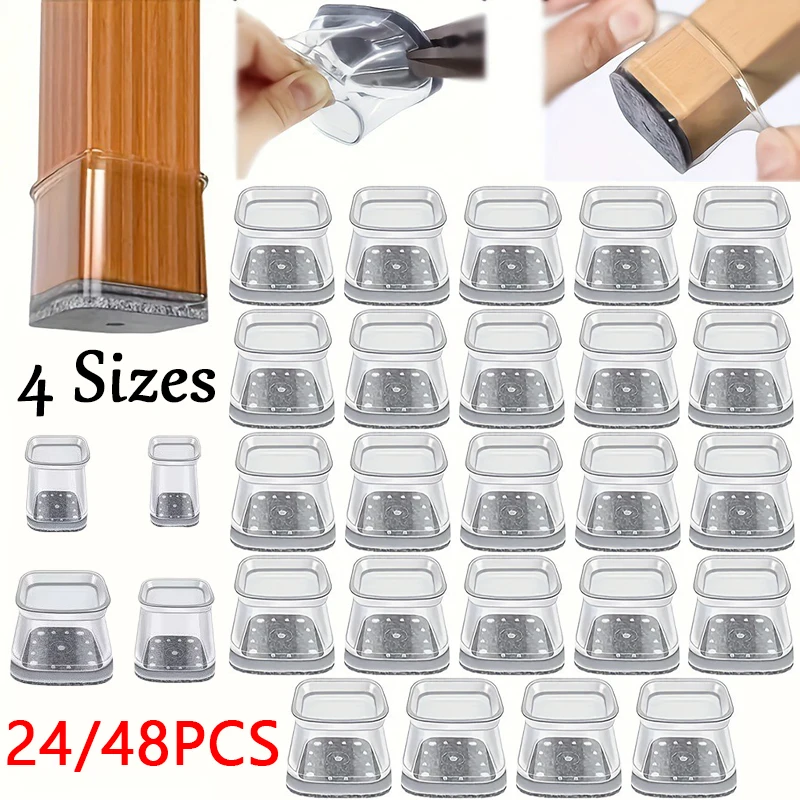 24/48pcs Square Chair Leg Floor Protectors Furniture Pads with Felt Hardwood Floors Furniture Sliders Chair Silicone Leg Caps