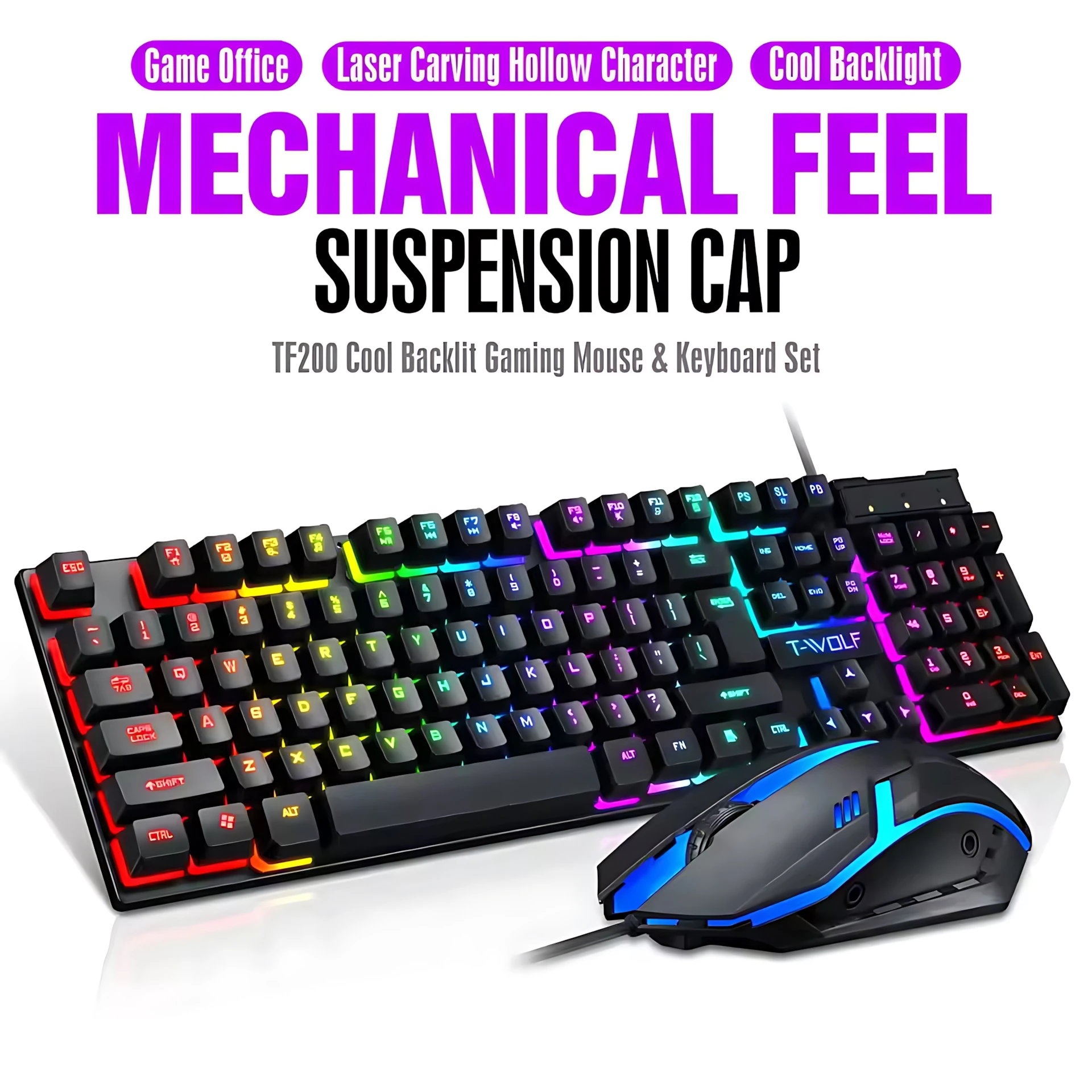 Rainbow Backlit Wired Keyboard and Mouse,Floating Keycap Strong, Wear-resistant, Comfortable Feel Keyboard for Business Office