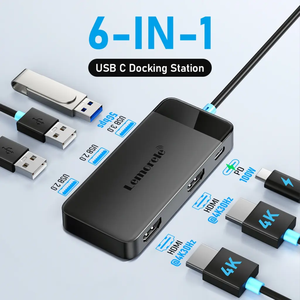 Lemorele TC122 6 in 1 USB HUB Type C Dual 4K HDMI USB C 3.0 5Gbps PD100W Computer Office Accessories For Tablet laptop Monitor