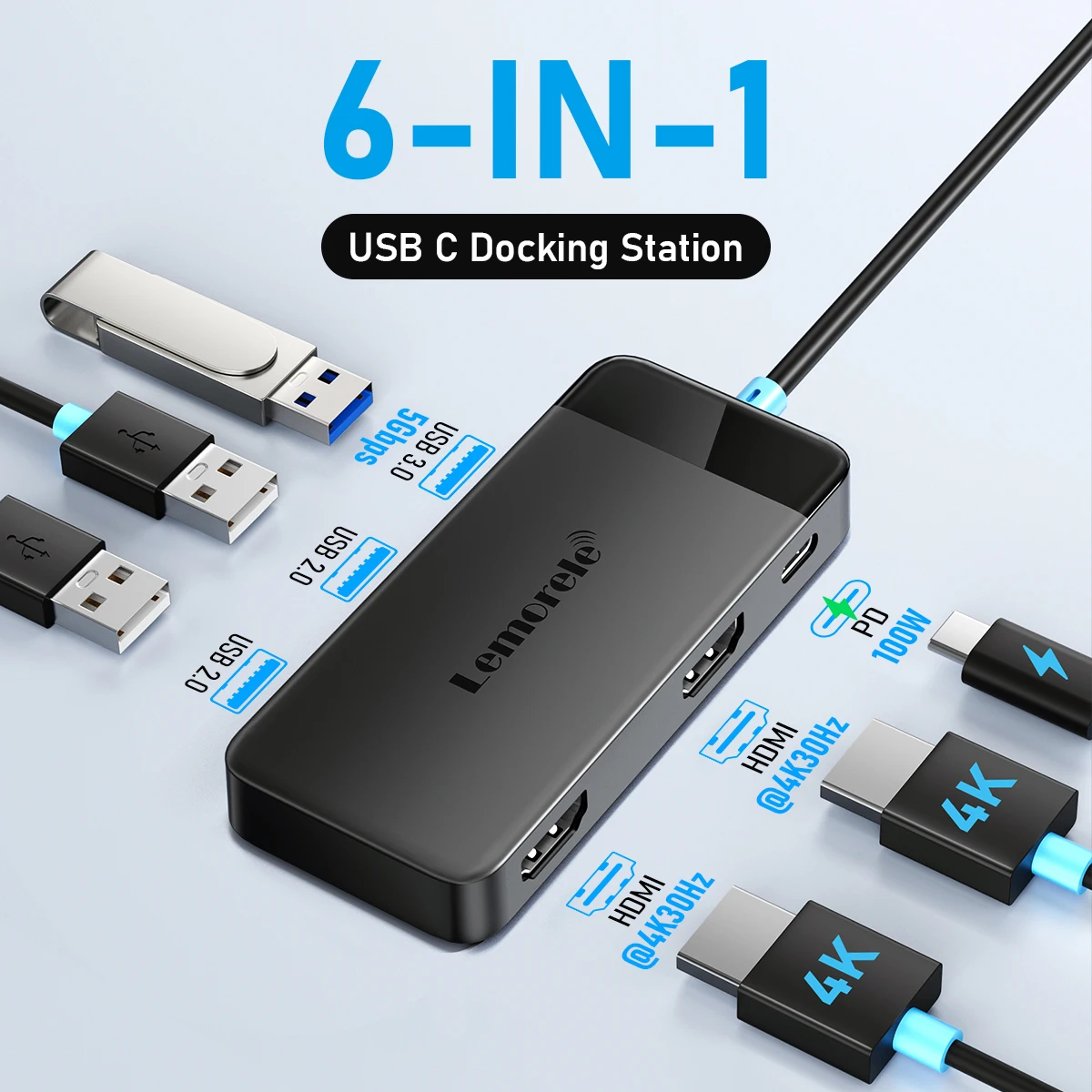 Lemorele TC122 6 in 1 USB HUB Type C Dual 4K HDMI USB C 3.0 5Gbps PD100W Computer Office Accessories For Tablet laptop Monitor
