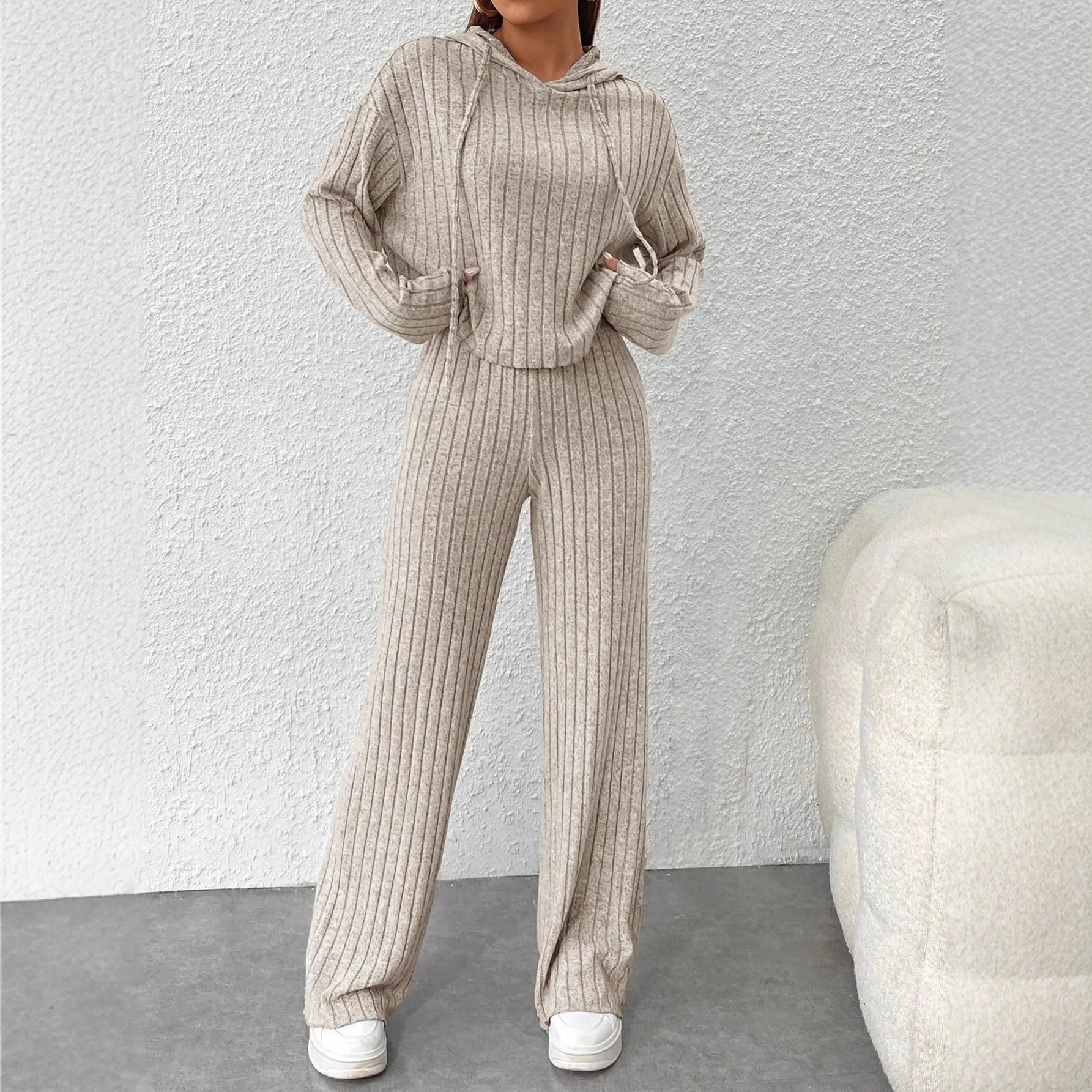 Casual Knitted Long Hoodie Loose Long Sleeve Long Pants Fashion Set Autumn Winter New Style Elegant Commute Pure Color Polyes...