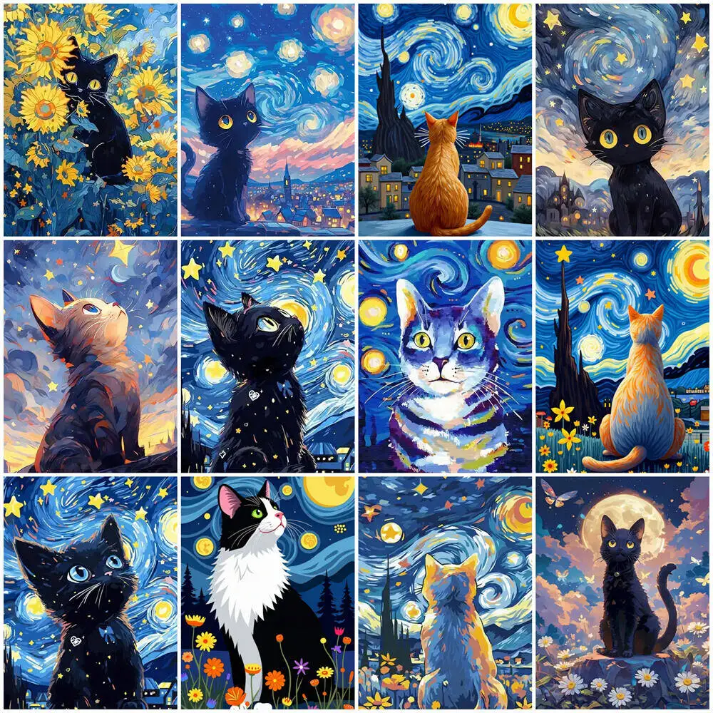 DIY Oil Painting By Numbers Cat Moon Pictures By Numbers Kitten Digital Oil Painting Animal Drawing On Canvas Kits Wall Decor