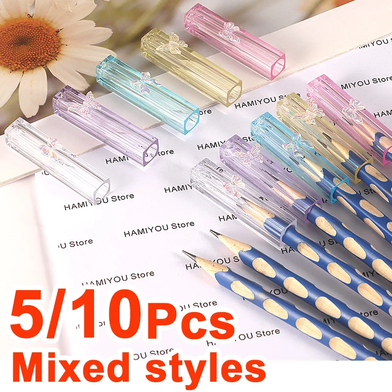 Mix 5 colors of butterflies Clear Plastic Pencil Cap Transparent Pencil Top Pencil Protective Cap Extender Hard sturdy Cute Pink