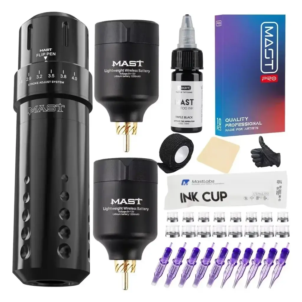 Mast Flip Pro Wireless Tattoo Machine Kit 7 Strokes with 1350mAh Battery and 20 Pcs MAST Pro Tattoo Cartridge Needles Supplies