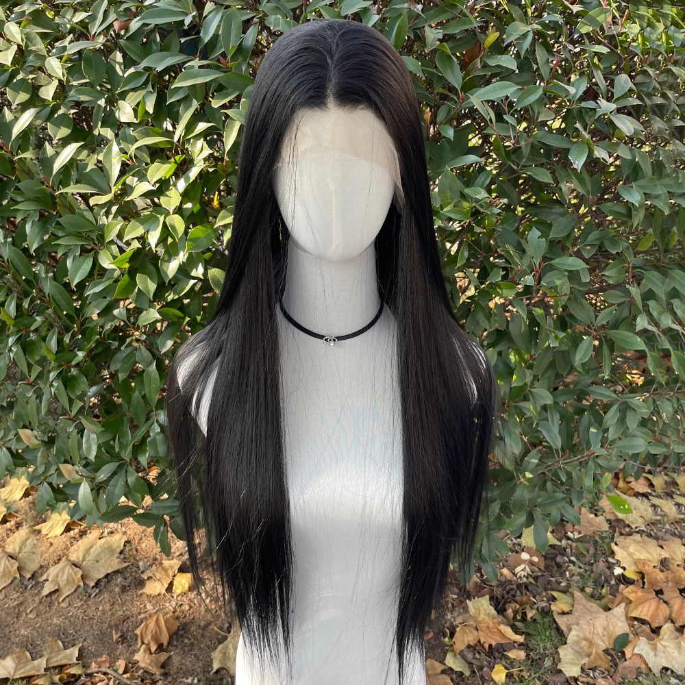 Jet Black 13x4 Synthetic Lace Front Wigs for Women Heat Resistant Hair Glueless Wig 26 Inch Long Silky Straight Wig 150% Density