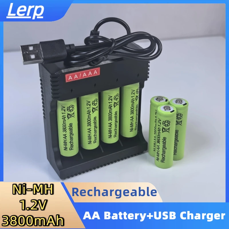 Ni-MH AA 1.2V 3800mAh Rechargeable Battery + USB Charger Overcharge Protection for Toys Mice Remotes Electronic Devices