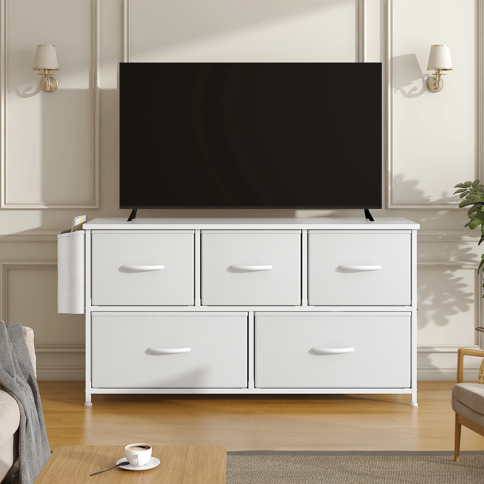 Chest of Drawer Bedroom, 5 Fabric Drawers Dresser & Side pocket,Metal Frame, MDF Top Board, Storage Unit for Bedroom Livingroom