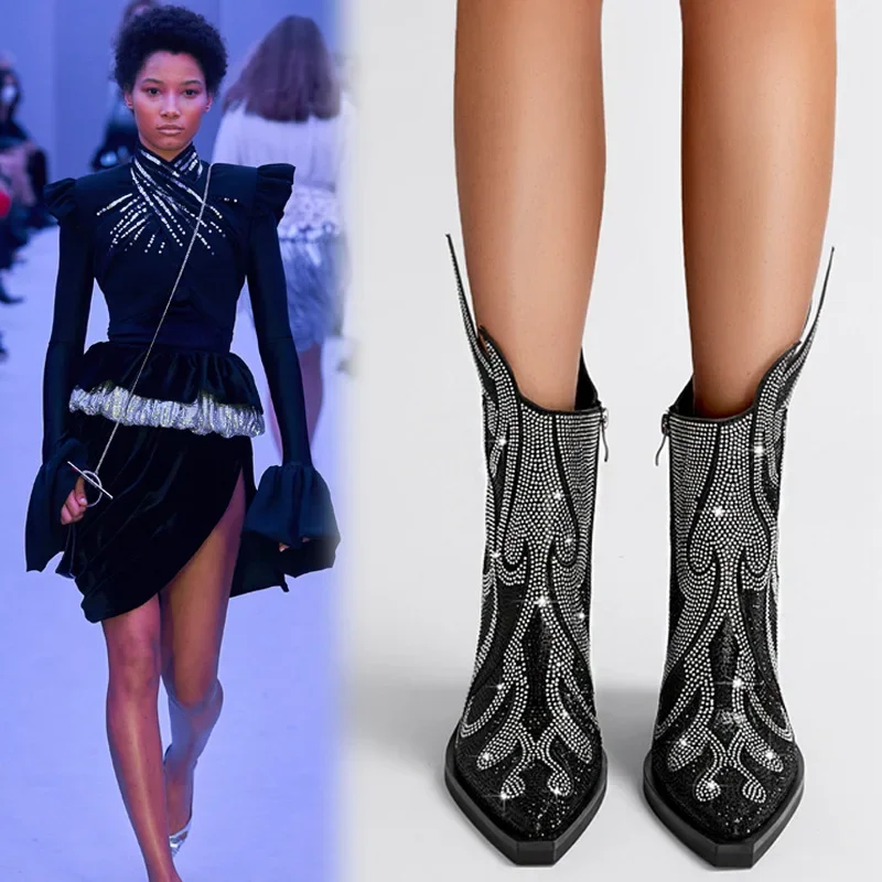 New Women's Ankle Boots Square Headed Thick Heel Water Diamond Flame Sexy Fashion Large Size Boots Side Zipper Stage Show Boots