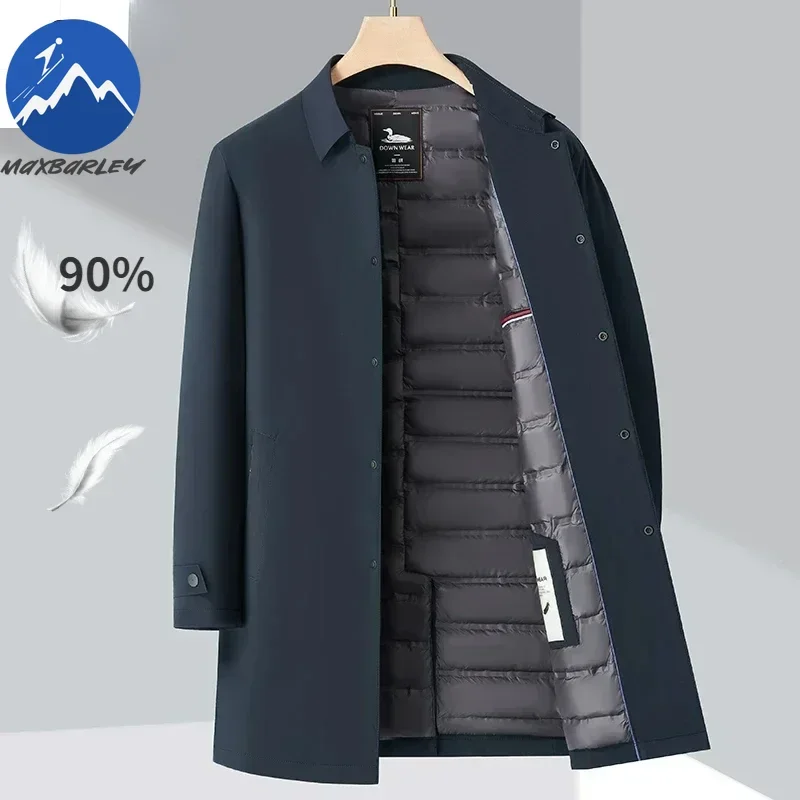 Luxury Brand Long Down Jacket Men's Winter Casual Thick Flip Collar White Duck Down Warm Parka Business Lightweight Trench Coat