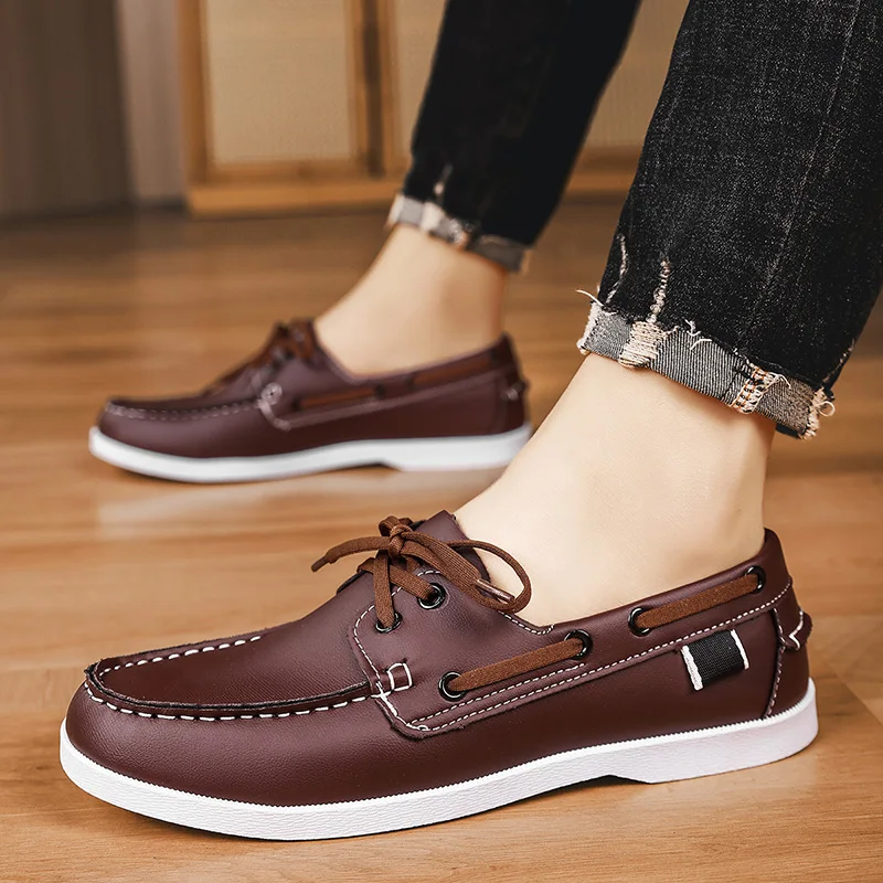 Men Loafers Strap Design Boat Shoes PU Leather High Quality Comfortable Slip-On Soft Flat Driving Shoes For Male Plus Size 40-48