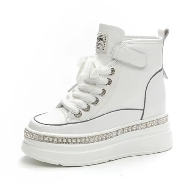 8CM High Top Women Genuine Leather Platform Boots Wedge Hidden Heel Hook Spring Autumn Bling Women Shoes Sneakers Ankle Boots