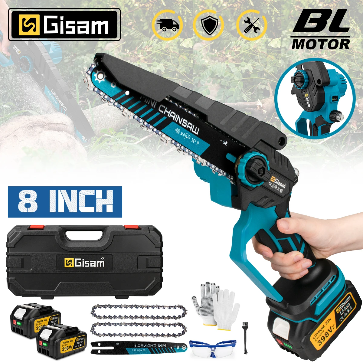 Gisam 8Inch Brushless Electric Chainsaw Cordless Woodworking Chain Saw Logging Cutter Power Tools For makita 18V battery pins
