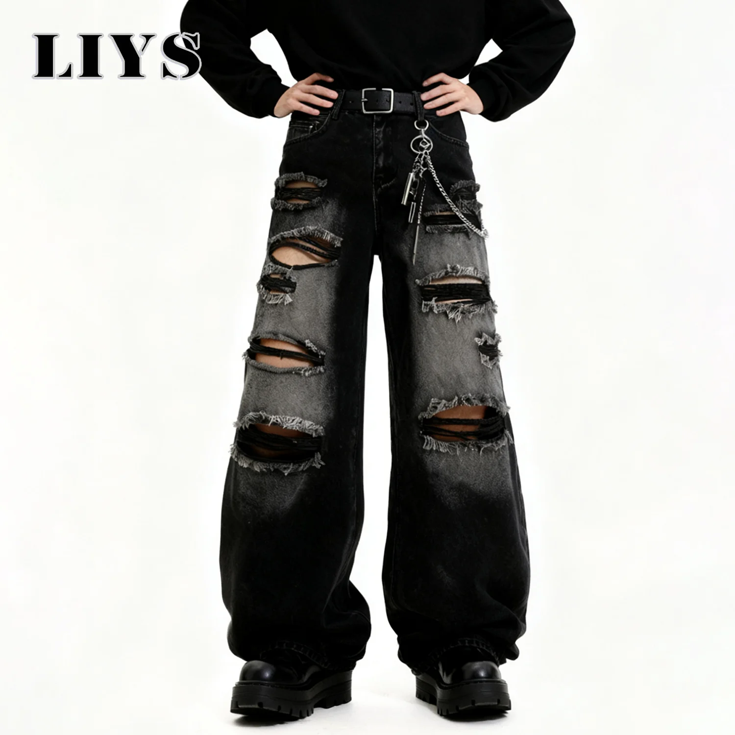 American Street Retro Men's Black Baggy Wide Leg Ripped Jeans Gothic Tear Style Unisex Loose Straight Leg Denim Pants Clothes