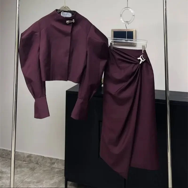 Autumn New Fashion Designer Women's Skirt Suit Elegant Office Lady Solid Color Short Jacket + Fold Long Skirt Two-Piece Set