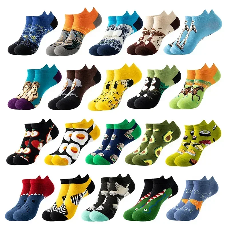 5 Pairs Women Funny Art Ankle Socks Retro Painting Van Gogh Print Socks Spring Autumn Cotton Colorful Fashion Cute Low cut Socks