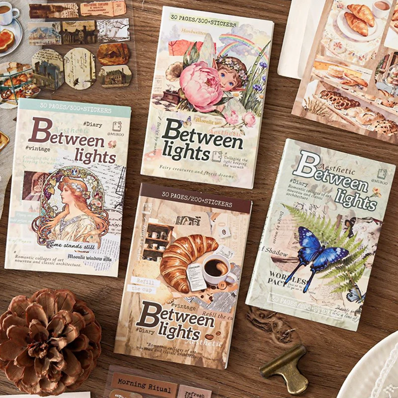 Mr.Paper 30 Sheets/Between Lights Series Sticker Book Vintage Aesthetic DIY Journal Scrapbook Collage Decor Craft Supplies