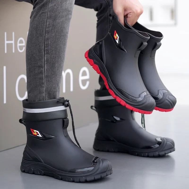 Men's Ankle High Thickened Fleece Lined Rain Boots Anti-slip Waterproof Fishing Work Shoes Wear Resistant Warm Water Shoes