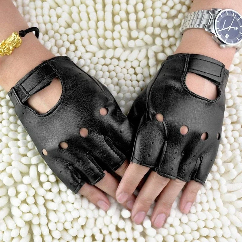 Men's Women's Punk Hip-Hop Half-Finger Gloves Artificial Leather Fingerless Mittens for Driving, Motorcycle & Performance
