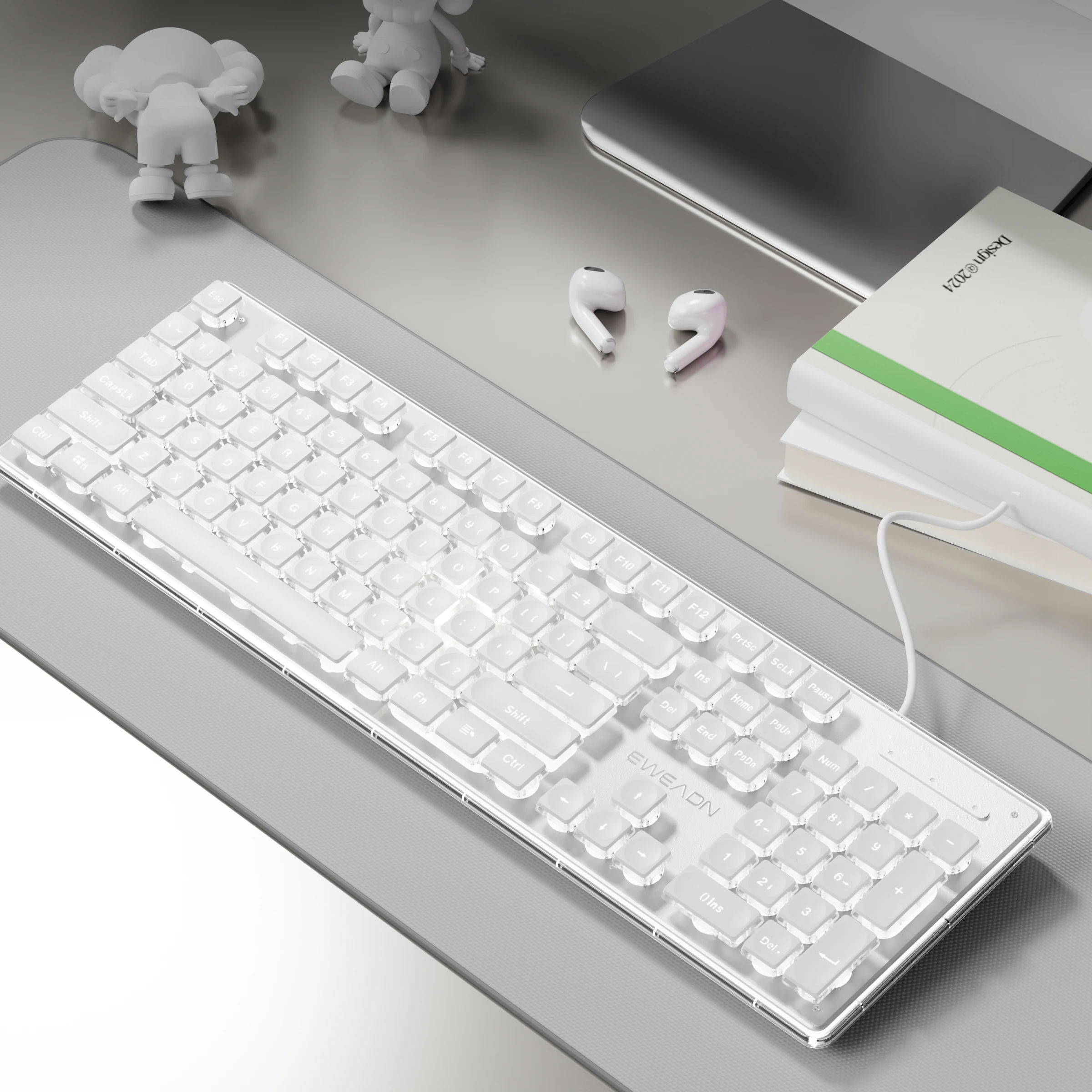 EWEADN wired Office silent Keyboard White backlit,USB full size 104-keycaps All-Metal Panel, ergonomic, gaming Windows/Laptop/PC