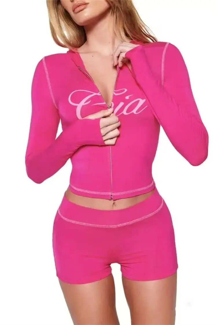 new shoulder letter printed open thread design slim fit hooded zipper short jacket shorts set