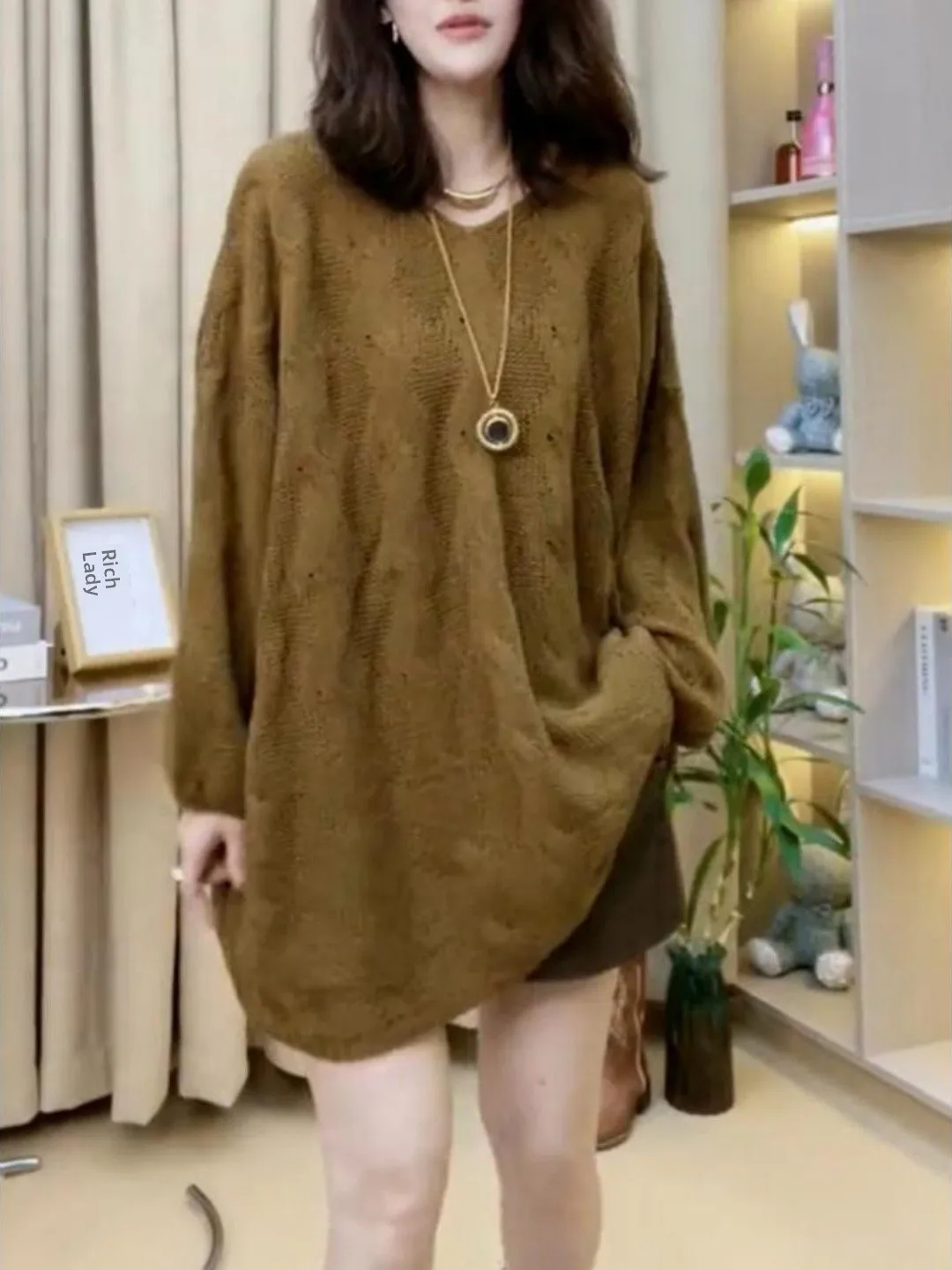 plus Size Women's Knitted Sweater V-Ne Long Sve Loose Fit Casual Sle Autumn Winter Comfortable Lazy Faion Top