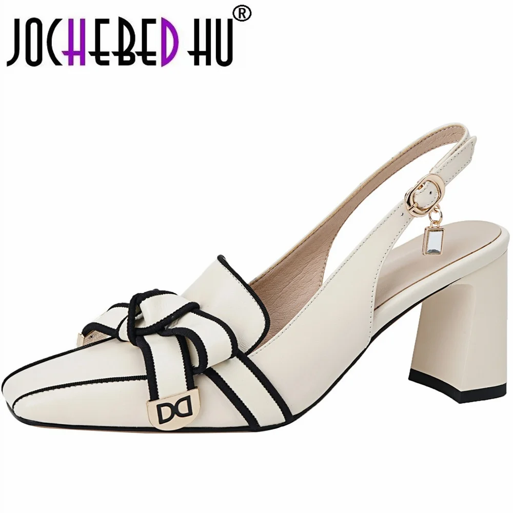 【JOCHEBED HU】2026 New Summer Retro High-heeled Lady Sandals Female Thick Heel Square Toe with Back Empty Shoe Trend 33-46
