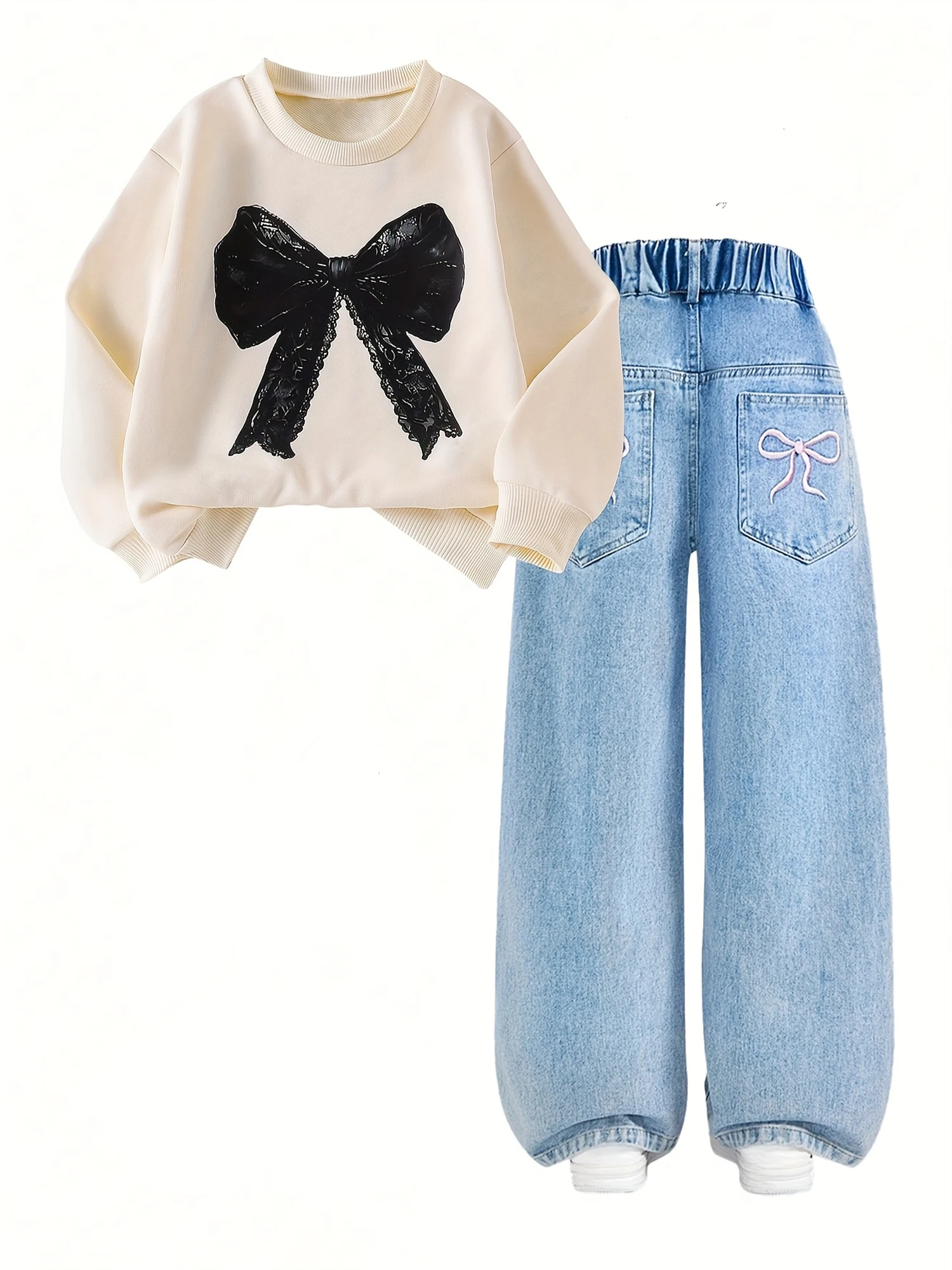 【Only top + pants】 Girl's fashionable bow-patterned hoodie + bow-stitched jeans set, a casual outfit suitable for all seasons.
