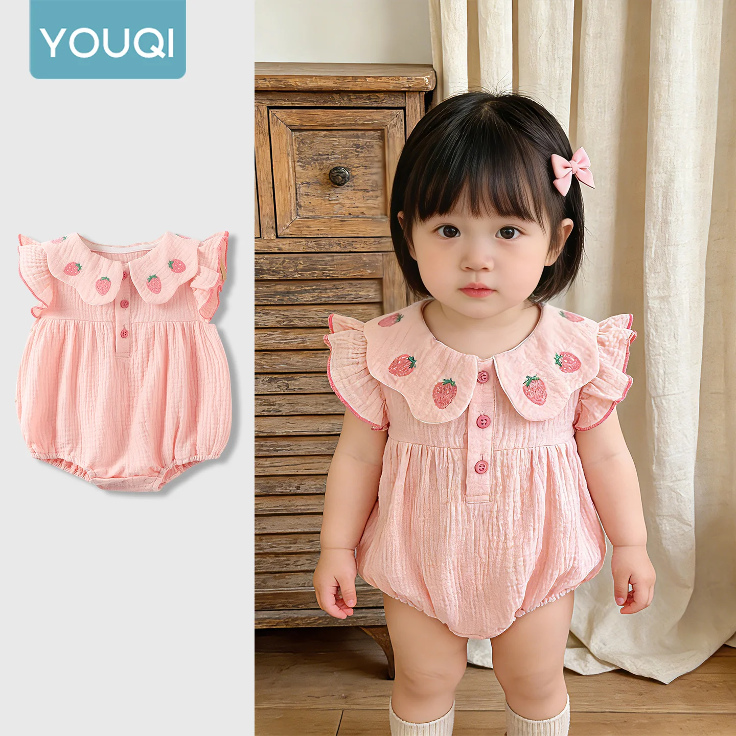 【Youqi】Chinese 0-2 Years Old Baby Clothes, Spring and Summer Thin Romper, Newborn Onesie Dress, Girl Baby Full-Body Triangle Romper, Crawling Suit
