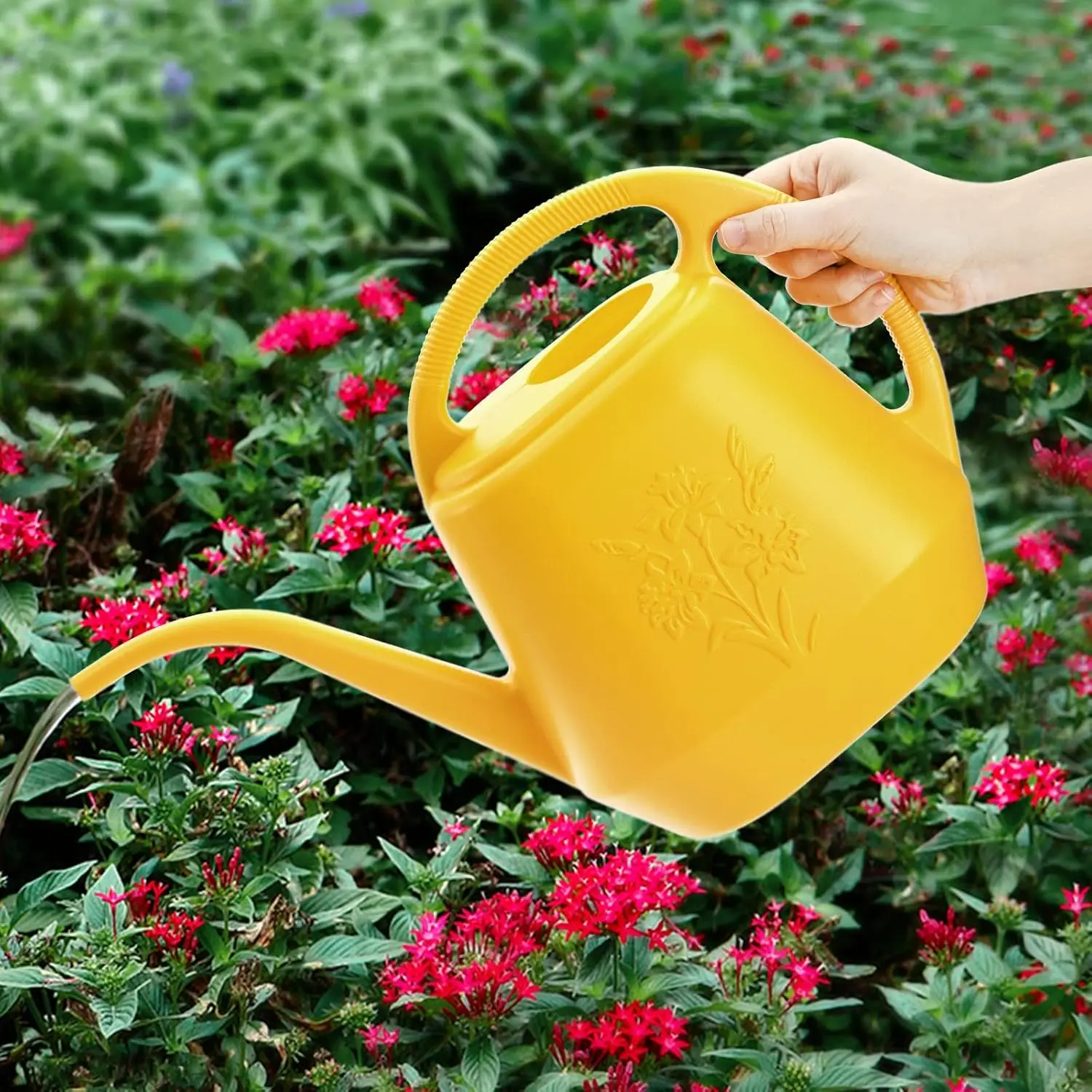 1-Gallon Plastic Watering Can with Long Spout and Comfortable Handle for Indoor Outdoor Plants, Yellow