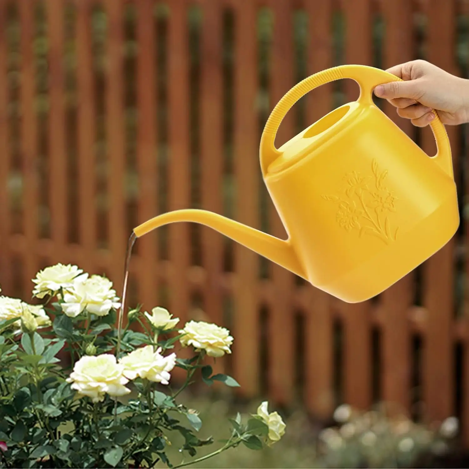 1-Gallon Plastic Watering Can with Long Spout and Comfortable Handle for Indoor Outdoor Plants, Yellow