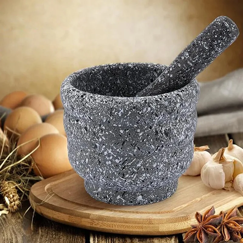 1 Set Plastic Grinding Bowl Garlic Press Pestle Grinder Granite Decor Spice Crusher Herb Pepper Mixing Pot Kitchen Mills Tool