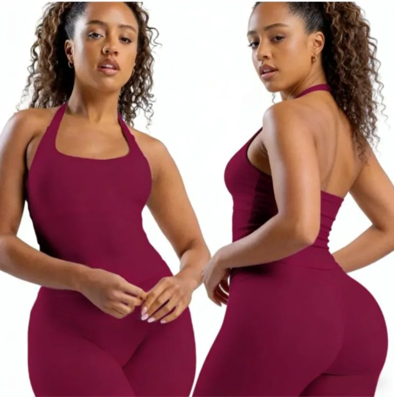 1 Set Women Halter Tank Top & High Waist Shorts Yoga Outfits Seamless Tummy Control Built-in Bra Shaping Soft Workout FitnessSet