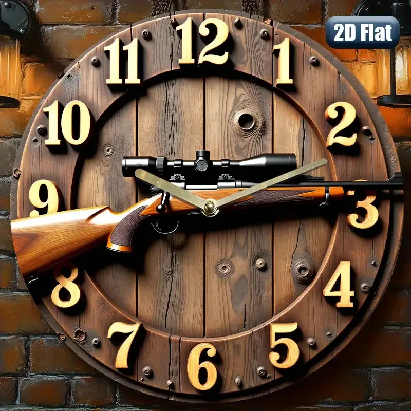 1 Winchester Rifle and Ammunition Design Silent Non-Ticking Wall Clock - Country Gun Decor, Brown Background, Wooden Quartz Move