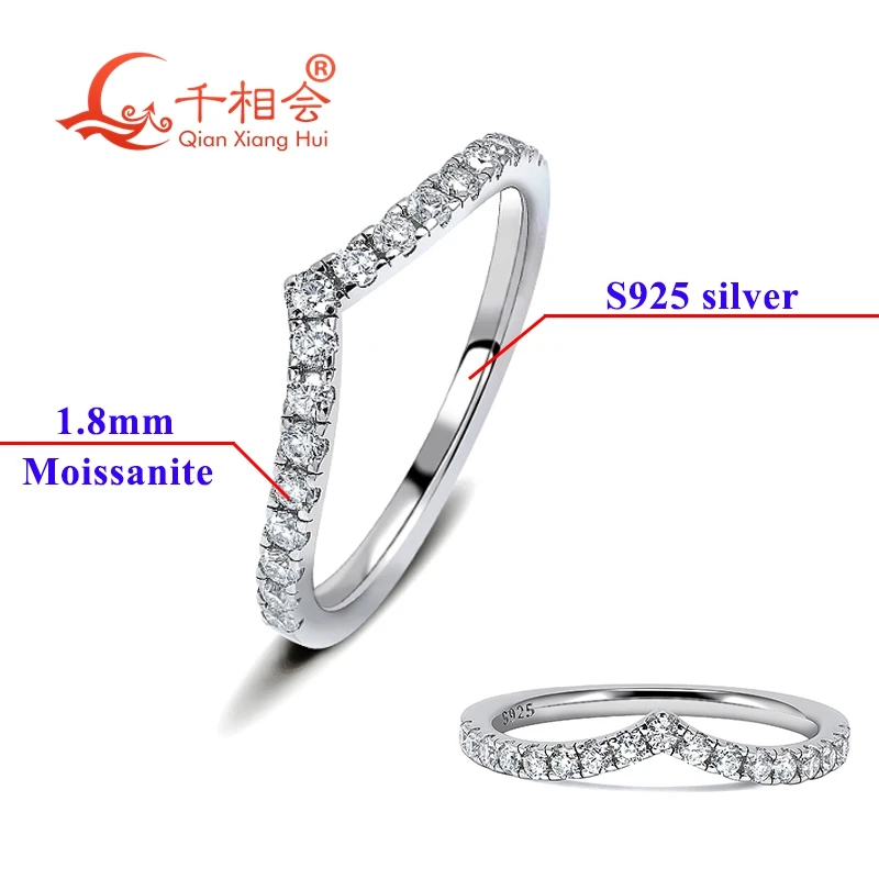 1.8mm V Shape Letter Silver S925 Moissanite Ring Trendy Melee D VVS Moissanite half Eternity Ring Bands Engagement gift